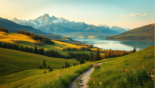 Panoramablick auf einen idyllischen Wanderweg durch blühende Wiesen mit Blick auf schneebedeckte Berge und einen ruhigen See – perfektes Ziel zum Wandern